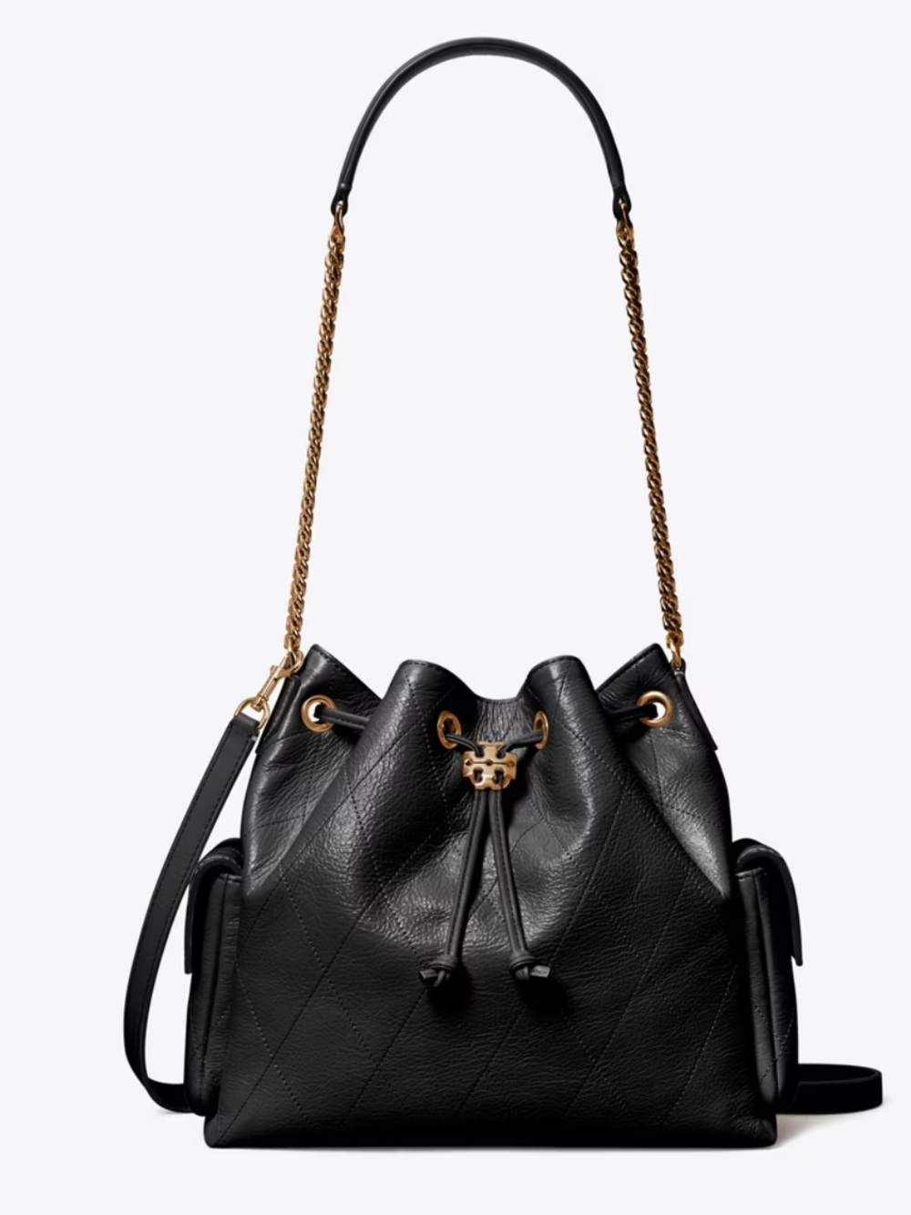 Tory Burch Black Leather Drawstring Bucket Bag with Gold Chain